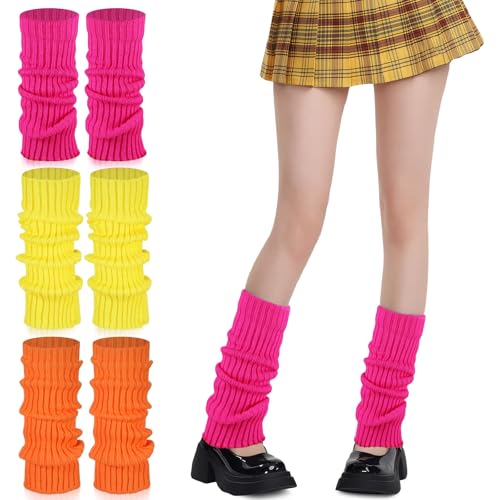 3Paar Stilvolle 80er- und 90er-Jahre-Beinwärmer für Damen - Neon Strümpfe Gestrickte Aerobic Kostüm Accessoires, Modische Strick-Beinwärmer-Socken im 80er,90er für Motto Party Fasching Karneval Tanzen von SIWOKJJO