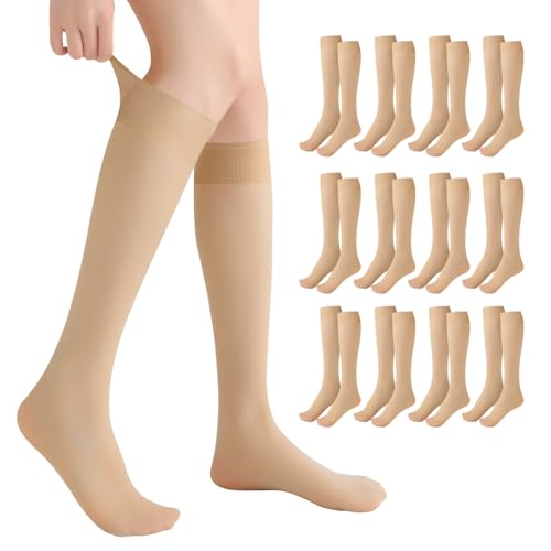 SIWOKJJO 12 Paar Kniestrümpfe Damen, Helle Hautfarben, Transparente Lange Strümpfe, Nylon Hautfarbene Kniestrümpfe, Transparente Nylonstrümpfe Damen von SIWOKJJO