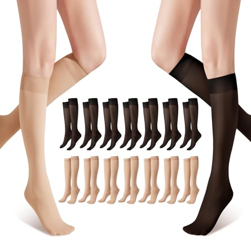 SIWOKJJO 16 Paar Kniestrümpfe Damen, Helle Hautfarben, Schwarz, Transparente Lange Strümpfe, Hautfarbene Kniestrümpfe, Transparente Nylonstrümpfe Damen von SIWOKJJO