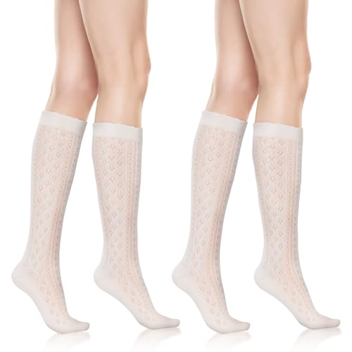 SIWOKJJO 2 Paar Damen Trachten Kniestrümpfe, Dirndl Strümpfe Trachtenstrümpfe Häkellook, Overknee Strümpfe Trachtenstrümpfe Socken für Hochzeit Trachtenfest Oktoberfest Volksfest Tracht von SIWOKJJO