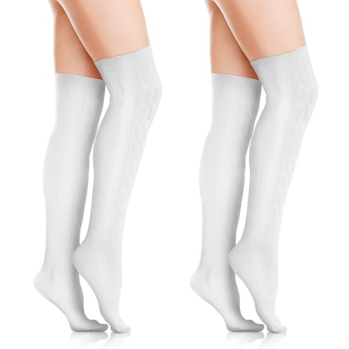 SIWOKJJO 2 Paar Overknee Winter Strick Strümpfe - Weiß Damen Kniestrümpfe Overknee Strümpfe Oberschenkelhohe High knee Socken Oberschenkelhohe High knee Socken Mädchen Trachtensocken für Bierfest von SIWOKJJO