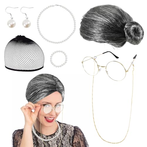 SIWOKJJO Oma Perücke, Perücke Halskette Schnurrbart Gläser kurz gelockt Afro Shaggy Perücke, Hip Hop Disco Kostüm Accessoires für 70er 80er 90er Jahre Outfit Damen von SIWOKJJO