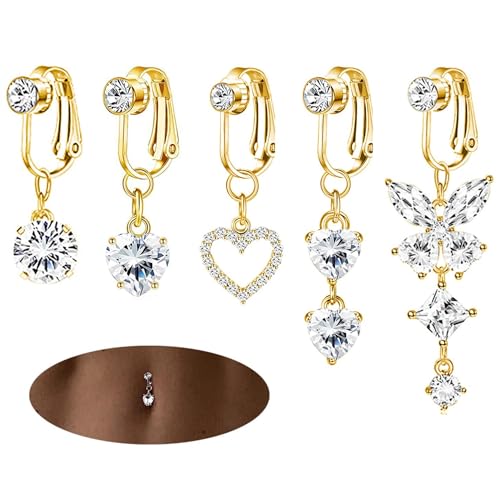 SIXDUTON 5 Stück Glamouröse Bauchnabelpiercings | Gold/Silber Clip-On Schmuck mit Zirkonia Steinen | Non-Piercing Fake Bauchringe für Damen | Hautnah & Hypoallergen (Gold) von SIXDUTON
