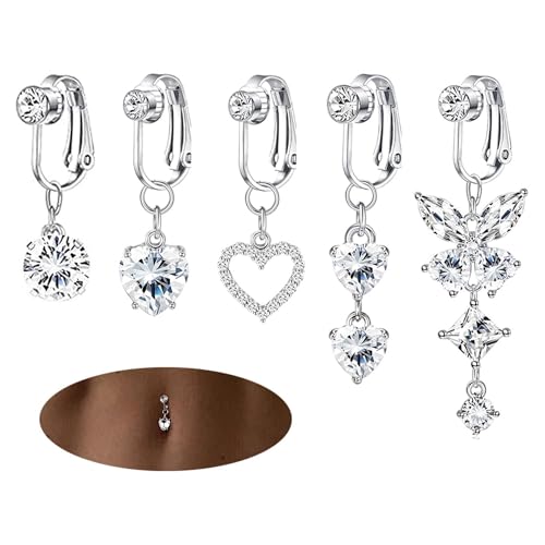 SIXDUTON 5 Stück Glamouröse Bauchnabelpiercings | Gold/Silber Clip-On Schmuck mit Zirkonia Steinen | Non-Piercing Fake Bauchringe für Damen | Hautnah & Hypoallergen (Silber) von SIXDUTON