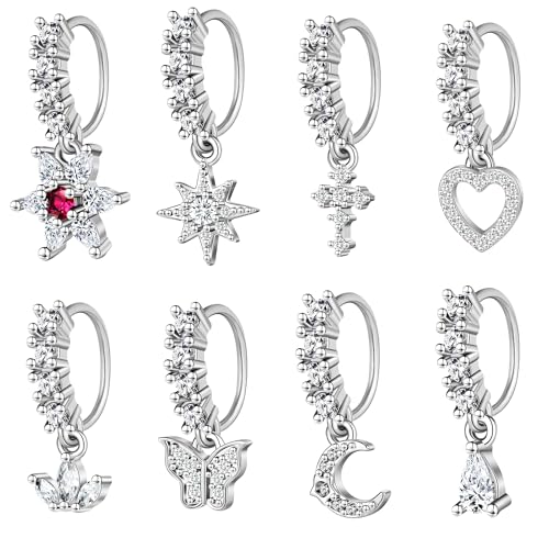 SIXDUTON 8 Stück Nasenring Ring Edelstahl, Chirurgenstahl Nasenringe Piercing Nasen Ohr Zirkon Knorpelohrring Lippenring mit Schmetterling Herz Stern Mond Schmuckset für Damen (Silber) (Silber) von SIXDUTON