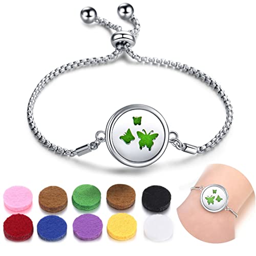 SIXDUTON Armbänder Aromatherapie Armband Edelstahl Aromatherapie Verstellbares Armband Set mit 10 Nachfüllkissen für Männer und Frauen (Butterfly) von SIXDUTON