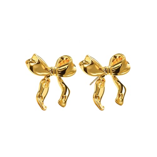 SIXDUTON Ohrringe Silber 925 für Damen, Kleine Bogen Hängend Ohrringe Hypoallergen Ribbon Gold 14 Karat Vergoldet Ohrstecker Schmuck Geschenk für Frauen (Gold) von SIXDUTON