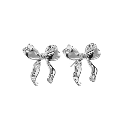 SIXDUTON Ohrringe Silber 925 für Damen, Kleine Bogen Hängend Ohrringe Hypoallergen Ribbon Gold 14 Karat Vergoldet Ohrstecker Schmuck Geschenk für Frauen (Silber) von SIXDUTON