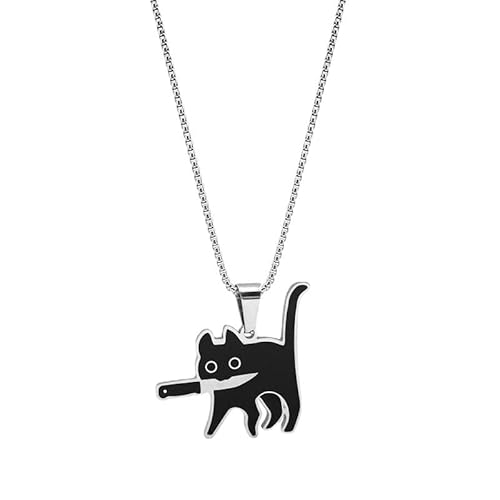 SIXDUTON Kette Damen Halskette mit Katze Anhänger für Mädchen, Kätzchen mit Messer Paare Halskette Silber, Glücksschmuck Geschenk für Katzenliebhaber von SIXDUTON