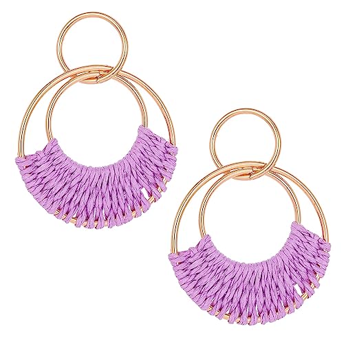 SIXDUTON Creolen Ohrringe für Damen, Hand Gefertigte Stroh Wicker Rattan Ohrringe, Retro Ohrringe Vintage Bohemian Ohrringe Schmuck Geschenk für Frauen und Mädchen (Lila) von SIXDUTON