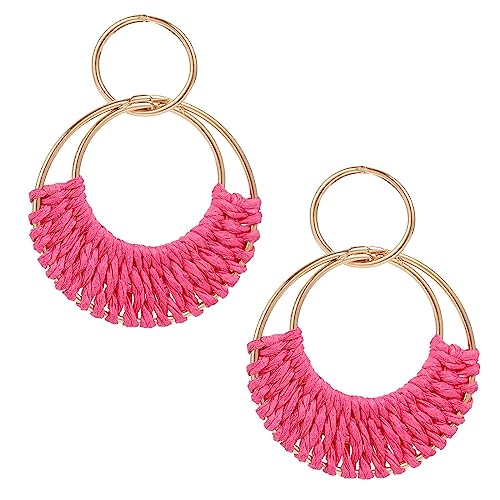 SIXDUTON Creolen Ohrringe für Damen, Hand Gefertigte Stroh Wicker Rattan Ohrringe, Retro Ohrringe Vintage Bohemian Ohrringe Schmuck Geschenk für Frauen und Mädchen (Rose Rot) von SIXDUTON