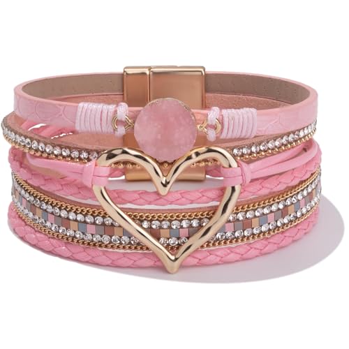 SIXDUTON Boho Armbänder Statement Armreifen für Damen, Bohemian Mehrschichtige Festival Accessoires Kleidung Vintage Schmuck für Frauen (Rosa) von SIXDUTON