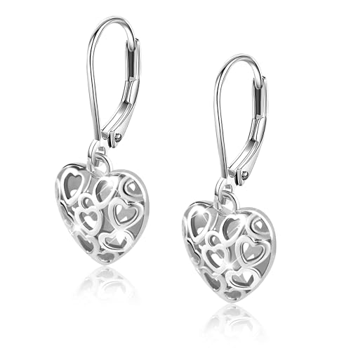 SIXDUTON Ohrringe Silber 925 Herz Kleine für Damen, Hypoallergen Tropfen 14K Vergoldete Creolen, Hohl Geformte Hebel Ohrringe Hängend Gold Modeschmuck Geschenke (Silber) von SIXDUTON