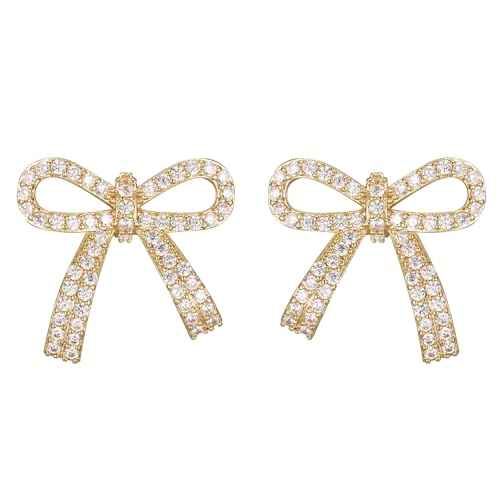 SIXDUTON Ohrringe Silber 925 für Damen, Bogen Hängend Ohrringe mit Zirkonia Hypoallergen Ribbon Gold 14 Karat Vergoldet Kleine Ohrstecker Schmuck Geschenk für Frauen (Gold) von SIXDUTON