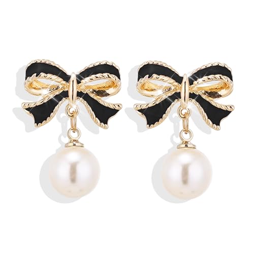 SIXDUTON Perlenohrringe Ohrstecker Schleife für Damen, Goldband Schleife Knoten Weiße Perle Ohrstecker, Eleganter Goldene Bogen Schmuck Geschenke für Frauen (Schwarz) von SIXDUTON
