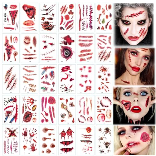 Halloween Temporäre Tattoos,Halloween Narben Tattoo,Narben Kratzer Aufkleber,Blut Gefälschten Scab Tattoo StickerScar Blut Sticker,Gefälschten Scab Blut,Halloween Kostüm Schminke Set von SIXSSSM