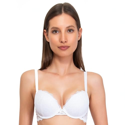 SÌèLEI, BH mit abgestuften Cups und Bügeln für einen Push-up-Effekt, aus weicher Spitze, verstellbare Träger, Designed in Italy, Farbe Weiß, Größe 3B von SÌèLEI
