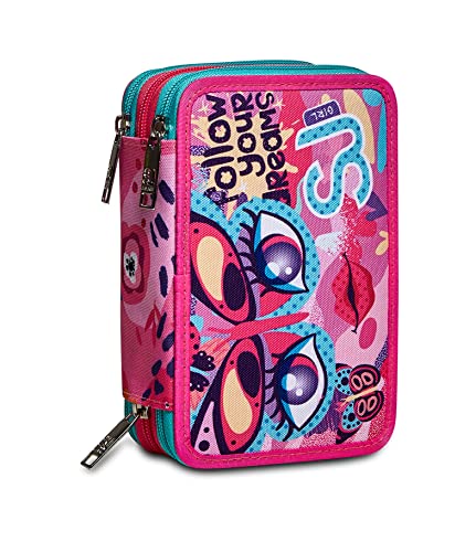 SJ GANG Federmäppchen, Mäppchen, mehrfarbig, Federtasche für Schreibwaren, Etui mit Stiften, Kugelschreiber, & mehr, Kinder, Mädchen & Jungen, Grundschule, 3 Fächer; Gesichte leuchtpink von SJ GANG STYLE JAM GANG