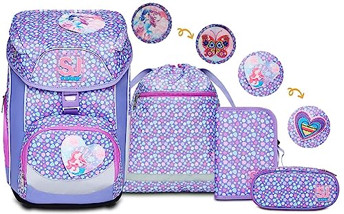 SJ Schulranzen set 4-teilig Ergonomischer Schulrucksack, Ultraleichte Schultasche, 22 LT, ab 1. Klasse mit Mäppchen und Turnbeutel, Kinder Grundschule Mädchen Junge, lila von SJ GANG STYLE JAM GANG