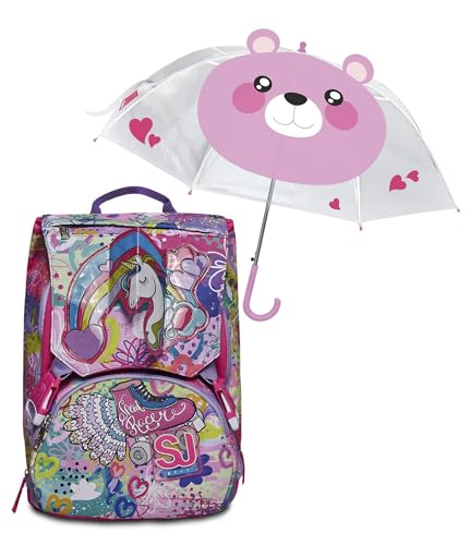 SJ GANG STYLE JAM GANG Schulrucksack Big -Magicflip Girl – erweiterbarer Rucksack mit Doppelfach – Grundschule + Regenschirm in Rosa, Bärenmuster von SJ GANG STYLE JAM GANG