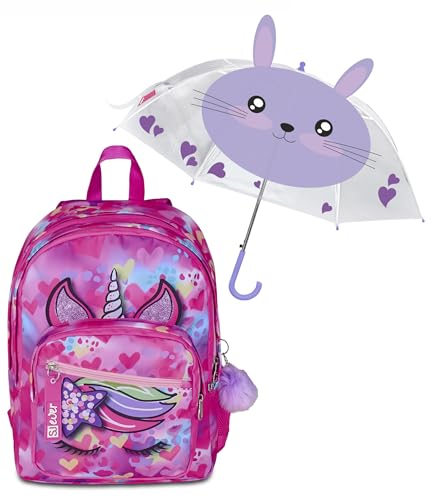 SJ GANG STYLE JAM GANG Schulrucksack mit Doppelfach SJ Ever, Fuchsia, Trinkflasche, Mädchen Grundschule + Regenschirm Violett, Hasenmuster von SJ GANG STYLE JAM GANG