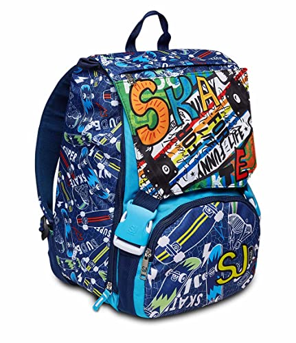 SJ Rucksack, Schulranzen für Grundschule, ab 1. Klasse, Erweiterbarer Schulranzen, Extra Volumen; Geräumige Schultasche für Mädchen und Jungen, Schwarz/Blau, mit Öhrchen oder Flip-System von SJ Gang