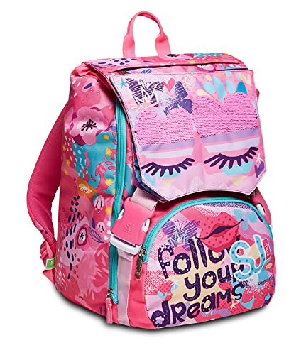 SJ Rucksack, Schulranzen für Grundschule, ab 1. Klasse, Erweiterbarer Schulranzen, Extra Volumen; Geräumige Schultasche für Mädchen und Jungen, rosa/Muster, mit Flip-System von SJ GANG STYLE JAM GANG