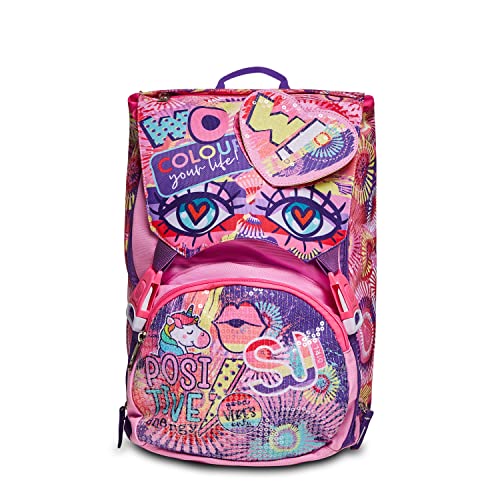 SJ Rucksack, Schulranzen für Grundschule, ab 1. Klasse, Erweiterbarer Schulranzen, Extra Volumen; Geräumige Schultasche für Mädchen und Jungen, rosa/Muster, mit Flip-System von SJ GANG STYLE JAM GANG