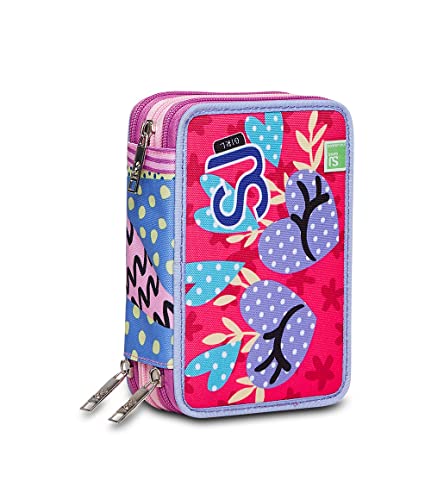 SJ Federmäppchen, Mäppchen, mehrfarbig, Federtasche für Schreibwaren, Etui mit Stiften, Kugelschreiber, & mehr, 3 Fächer, Mädchen & Jungen, Schule - Grundschule, XXL, rosa/violett von SJ Gang