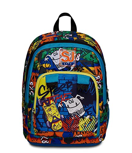 SJ Gang Schulrucksack Advanced – CRITTY BOY – mehrfarbig – Rucksack mit zwei Fächern – Flaschentasche – Rucksack für die Grundschule, blau, Taglia unica, schule von SJ Gang