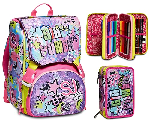 SJ Rucksack, Schulranzen für Grundschule,Schultasche für Mädchen und Jungen,+ Federmäppchen, Mäppchen, mehrfarbig, Federtasche für Schreibwaren, Etui mit Stiften, Kugelschreiber, &Kinder, Grundschule. von SJ Gang