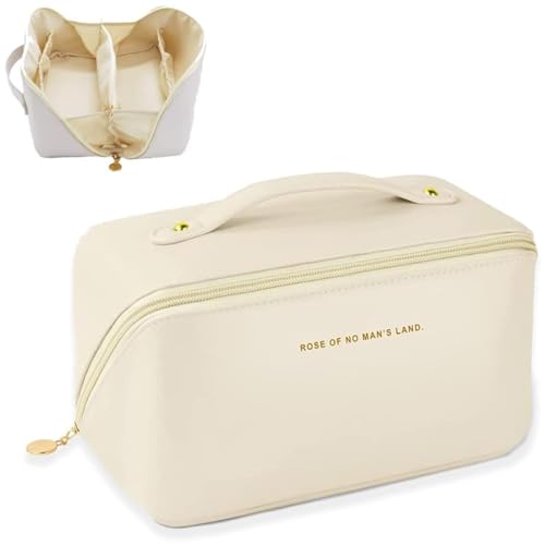 1PCS Kapazität Kosmetiktasche Damen, Tragbare Make Up Tasche, Federmäppchen Kosmetik Täschchen Wasserdichter Reise Make-up Tasche mit Fächern, Cremeweiß von SJBAUTYO