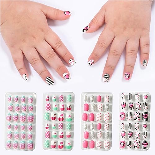 96 Stücke Kinder Aufdrücken Nägel mit süßem Muster. Vollabdeckung, künstliche Nagelspitzen für Mädchen. Kurze Falsche Fingernägel, perfekt für Nagelkunstdekoration. Von SJBAUTYO. von SJBAUTYO
