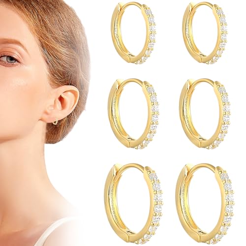 SJBAUTYO 3 Paare Ohrringe Creolen Silber Ohrringe Set mit Zirkonia AAA+ Hypoallergen Klein Creolen Schlafen Goldene Ohrringe Creolen Damen Schmuck 8/10/12MM von SJBAUTYO