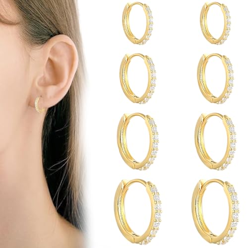 SJBAUTYO 4 Paare Ohrringe Creolen Ohrringe Set mit Zirkonia AAA+ Hypoallergen Klein Creolen Schlafen Goldene Ohrringe Creolen Damen Schmuck 6/7/8/9MM, Gold von SJBAUTYO