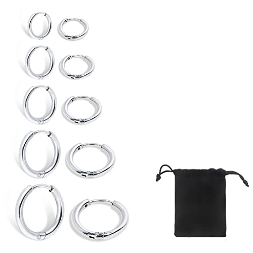 SJBAUTYO 5 PCS Creolen Silber,Edelstahl Ohrringe für Herren Damen,Creolen Silber Set Damen Herren, Klein Creolen Set Zierliche Knorpel Tragus Helix Schlafen Ohrringe 8MM-16MM von SJBAUTYO