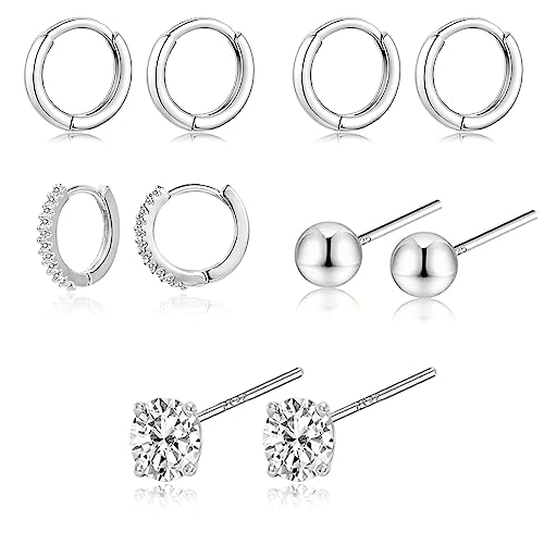 SJBAUTYO 5 Paar kleine Creolen für Damen 925 Silber Post Huggie Creolen Set Silber Creolen Schläfer Ohrringe für Mädchen Mehrere Piercings Kleine Kugelohrstecker von SJBAUTYO