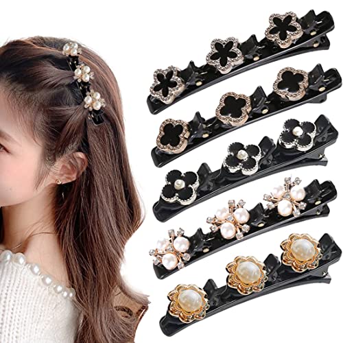 SJBAUTYO 5 Stück Blumen Haarspange, Strass Geflochtene Haarspange, Doppelschicht-Mini-Haarspangen, Haarspangen Damen, Kolibrin Haarspange mit Kristallblume für Dickes Haar mit 3 Mini-Haarspangen von SJBAUTYO