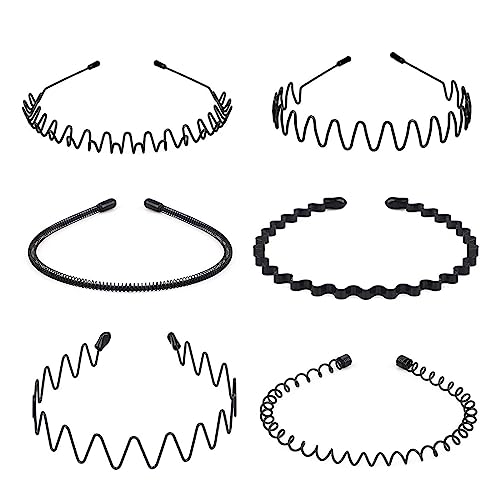 SJBAUTYO 6PCS Unisex Metall Haarband, Schwarz Welle Haarreifen Damen Herren, Welle Metall Stirnband, Outdoor jungs Sports Yoga Elastische Rutschfeste Haarreifen Haarschmuck von SJBAUTYO