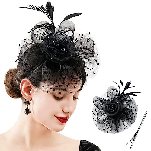 SJBAUTYO Damen Fascinator Hut Blume für Damen Mädchen, Damen Mesh Federn Stirnband Tea Party Clip,1950er Vintage Fascinator Hut,Ascot Stirnband Zubehör für Party Kirche Hochzeit Cocktail Schwarz von SJBAUTYO