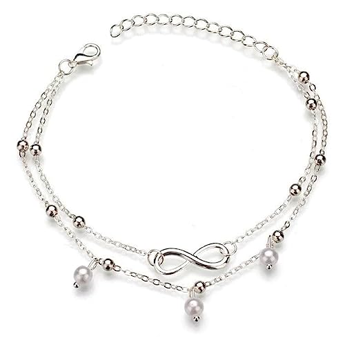 SJBAUTYO Doppel-Fußkettchen im Boho-Stil mit silberfarbenen Perlen, Strand Perlen Fußkettchen Silber,Lucky 8 Knöchel verstellbar Damen,Fußkettchen für Damen und Mädchen von SJBAUTYO