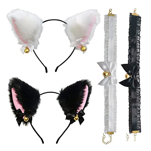 SJBAUTYO Katzenohren Haarreif, Cat Ears Stirnband Glöckchen Halskette Katze Cosplay Set Katze Ohr Stirnband Haarband Cosplay Katzenohren Haarschmuck für Frauen Mädchen Cosplay Kostümfest Schwarz,Weiss von SJBAUTYO