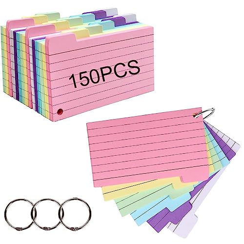 SJBAUTYO Linierte Karteikarte, 150 Stücke Linierte Karteikarten in der praktischen,Karteikarten Liniert Flash Cards Vokabelkarten Bunt mit 3 Binderinge für Unterwegs Lernen Notizen Schule Büro Zuhause von SJBAUTYO
