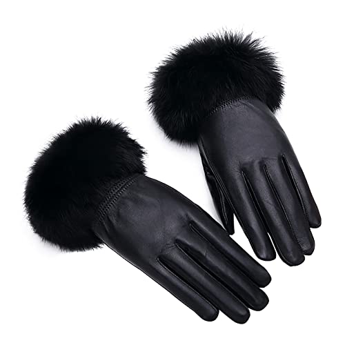 SJDWDX Damen-Winter-Lederhandschuhe, Winter-Lederhandschuhe für Frauen, Kaninchenfell-Stil, modische Handschuhe, superweich, warm, für Damen, Touchscreen-Text von SJDWDX