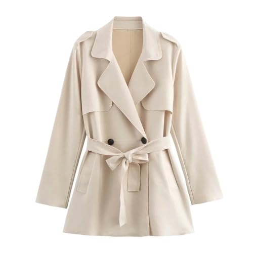 SJFYB Trenchcoat für Damen Frühlings- Und Herbst Weiße Langarmwindbreaker-Jacke V-Ausschnitt-Cremefarben-M von SJFYB
