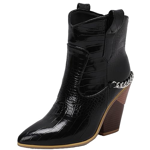 SJJH Altmodische Damen Cowboy Stiefeletten mit Spitzer Zehenpartie und Ausgestellten Absätzen (Schwarz, 41) von SJJH