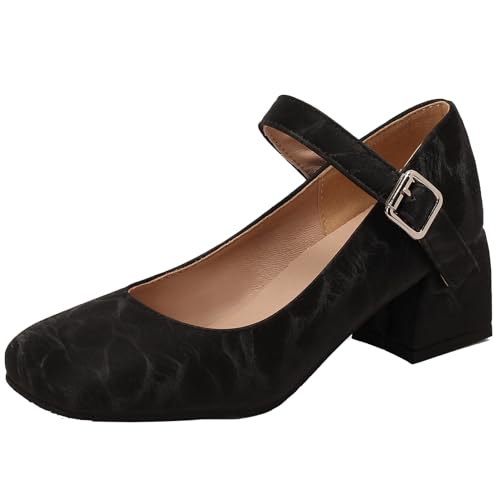 SJJH Casual Damen Pumps mit klobigen Absätzen - Bequeme Marry Jane Schuhe (Schwarz,46) von SJJH