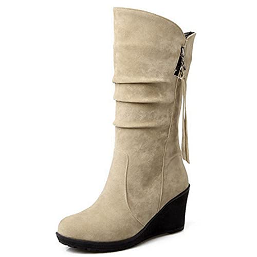 SJJH Damen Casual Kniehohe Stiefel mit Keilabsatz und Runder Spitze (Matt Beige, 45 EU) von SJJH