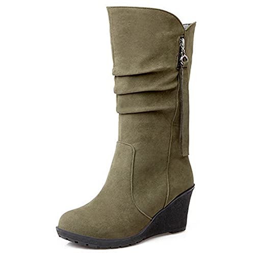 SJJH Damen Casual Kniehohe Stiefel mit Keilabsatz und Runder Spitze (Matt Grün, 39 EU) von SJJH