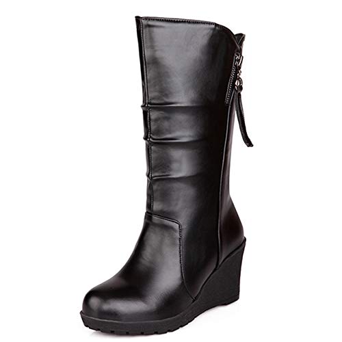 SJJH Damen Casual Kniehohe Stiefel mit Keilabsatz und Runder Spitze (Pu Schwarz, 38 EU) von SJJH